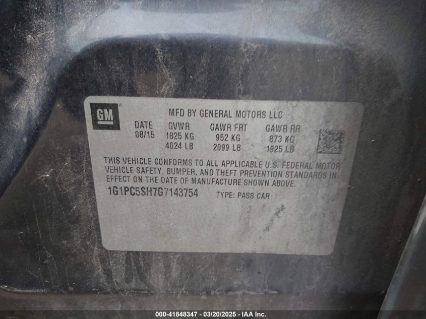 2016 Chevrolet Cruze Limited Ls Auto VIN: 1G1PC5SH7G143754 Lot: 41848347