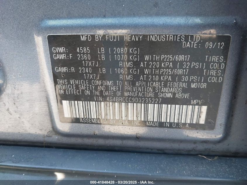 2013 Subaru Outback VIN: 4S4BRCC9D3235227 Lot: 41848428