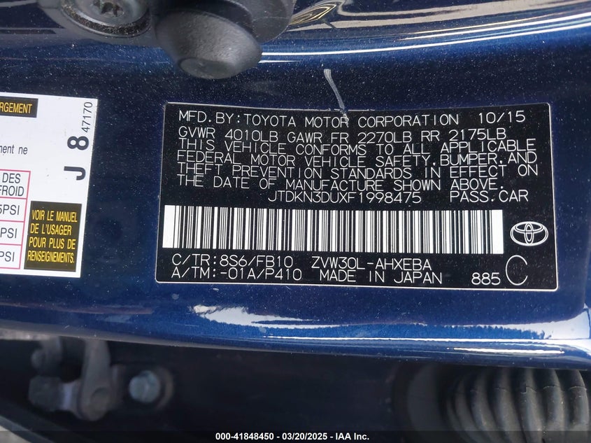 2015 TOYOTA PRIUS VIN: JTDKN3DUXF1998475