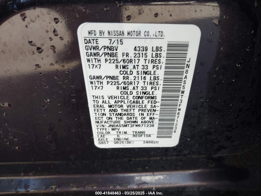 2015 NISSAN ROGUE SELECT VIN: JN8AS5MT3FW671236