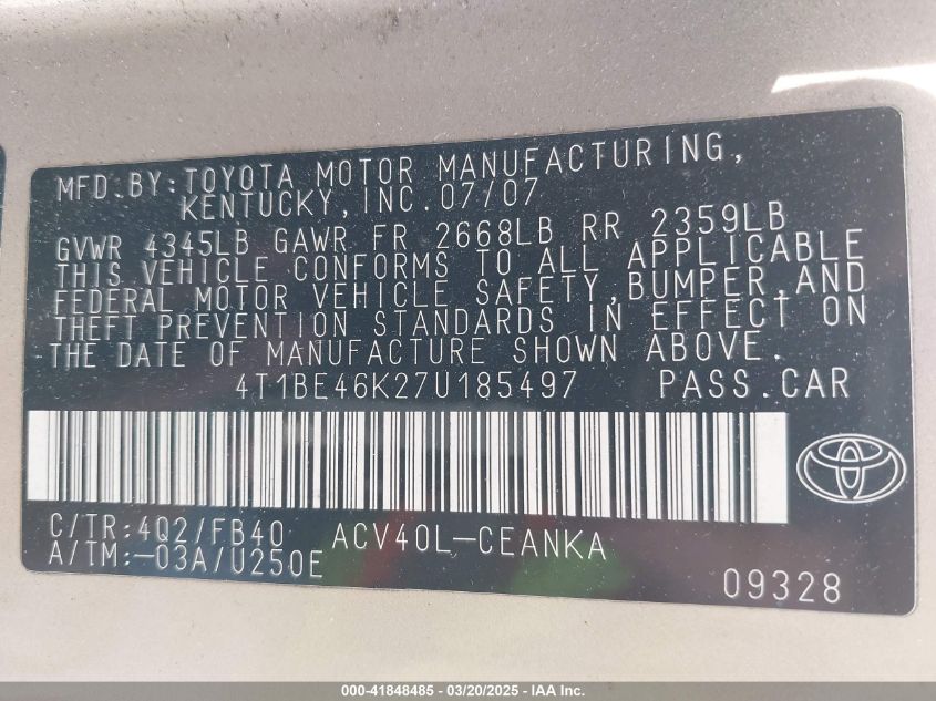 2007 Toyota Camry Le VIN: 4T1BE46K27U185497 Lot: 41848485