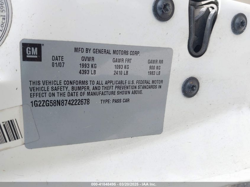 2007 Pontiac G6 VIN: 1G27G58N874222678 Lot: 41848495