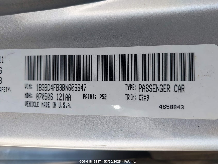 2011 Dodge Avenger Express VIN: 1B3BD4FB3BN608647 Lot: 41848497