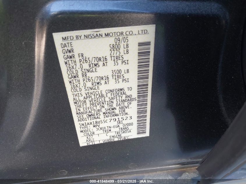 2005 Nissan Pathfinder Se VIN: 5N1AR18U55C791523 Lot: 41848499