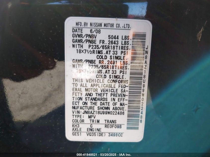2009 NISSAN MURANO VIN: JN8AZ18U99W022486