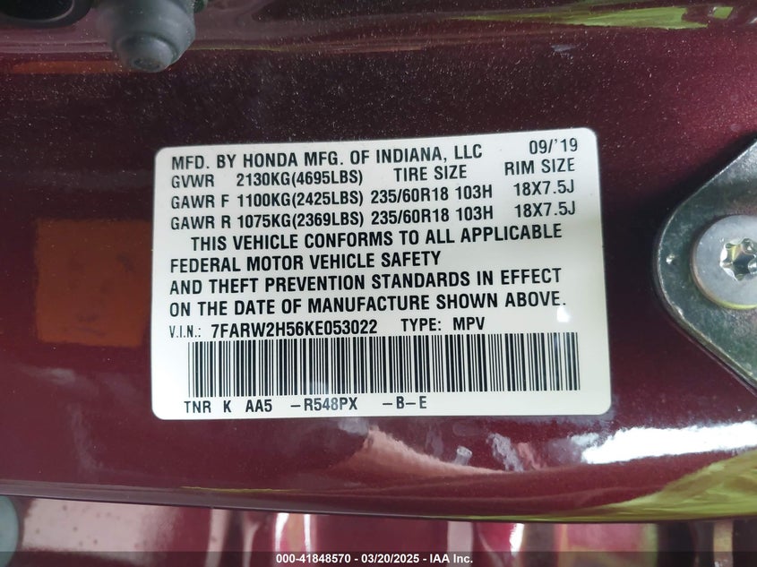 2019 HONDA CR-V VIN: 7FARW2H56KE053022