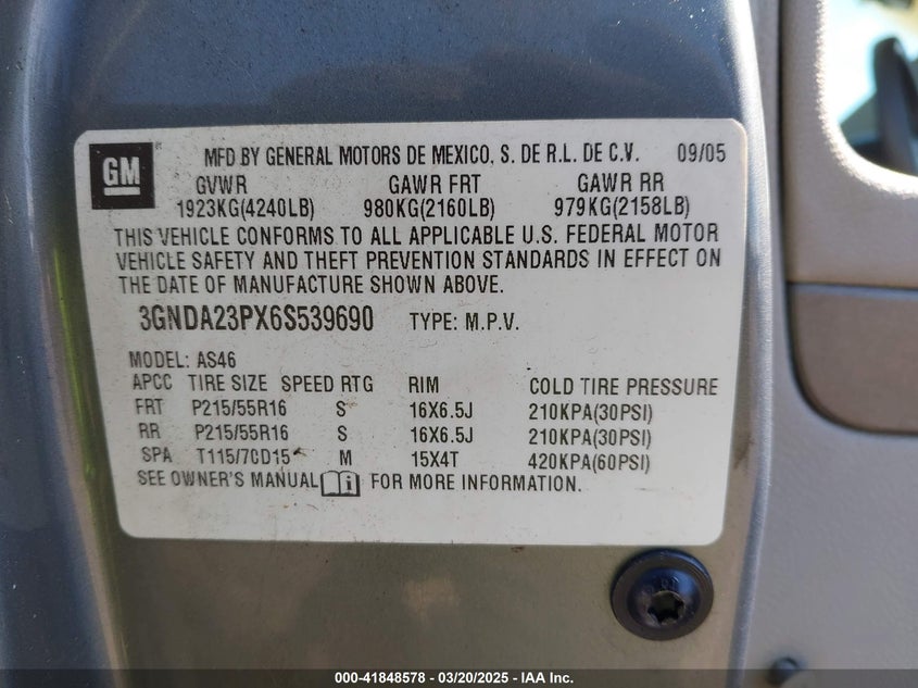 2006 CHEVROLET HHR VIN: 3GNDA23PX6S539690