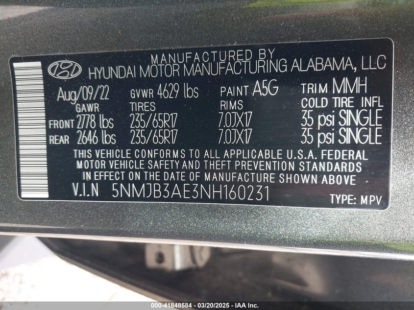 2022 HYUNDAI TUCSON 2.5L I-4 DI, DOHC, V(VIN: 5NMJB3AE3NH160231