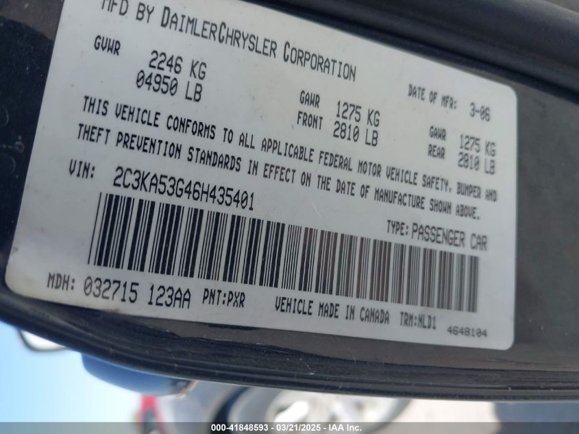 2006 Chrysler 300 Touring VIN: 2C3KA53G46H435401 Lot: 41848593