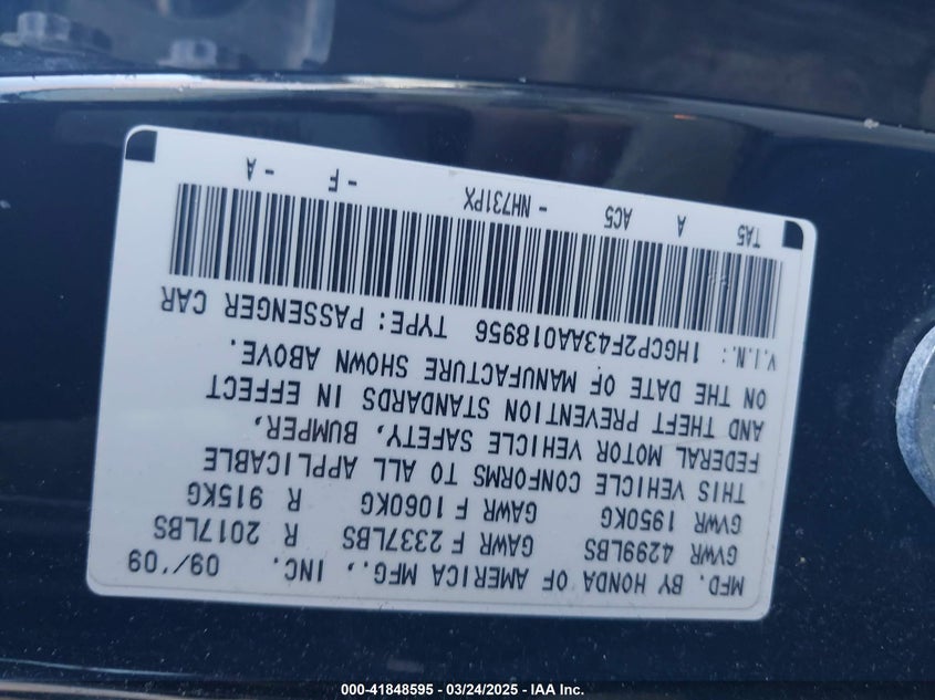2010 HONDA ACCORD VIN: 1HGCP2F43AA018956
