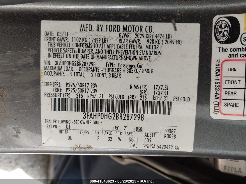 2011 FORD FUSION VIN: 3FAHP0HG2BR287298