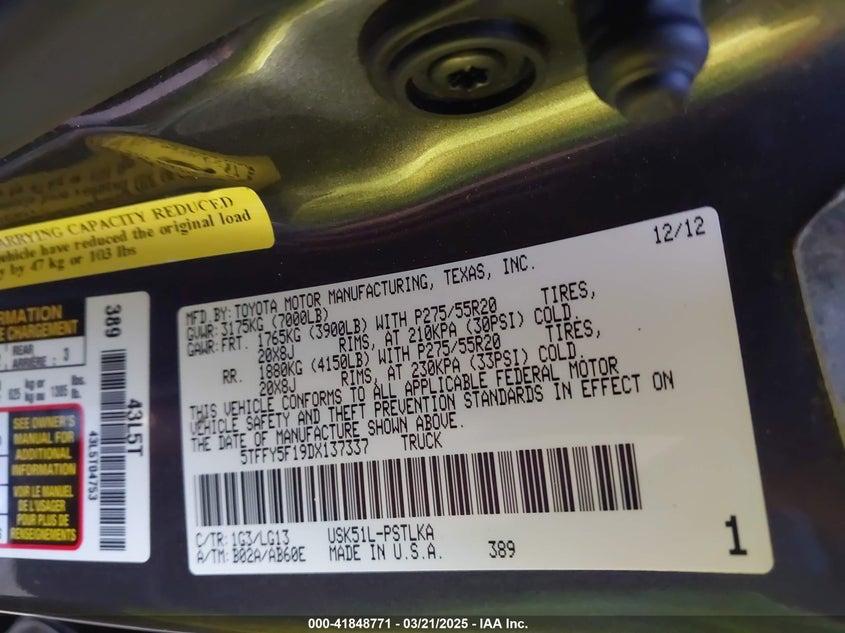 2013 TOYOTA TUNDRA VIN: 5TFFY5F19DX137337
