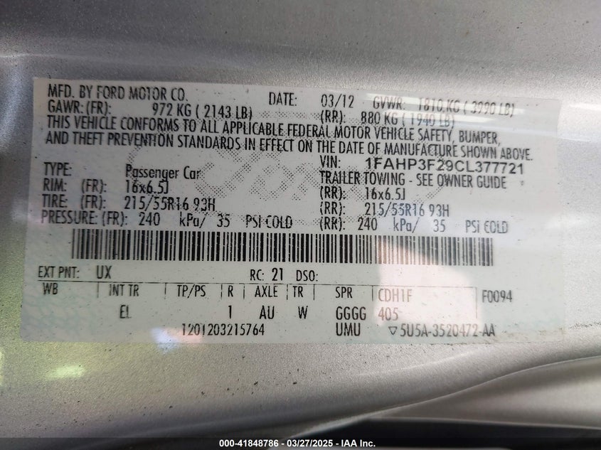 2012 FORD FOCUS VIN: 1FAHP3F29CL377721
