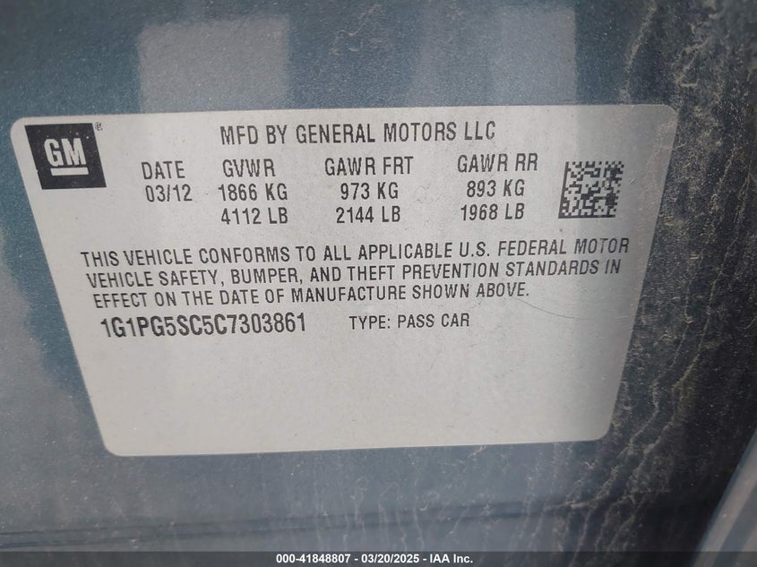 2012 CHEVROLET CRUZE VIN: 1G1PG5SC5C7303861