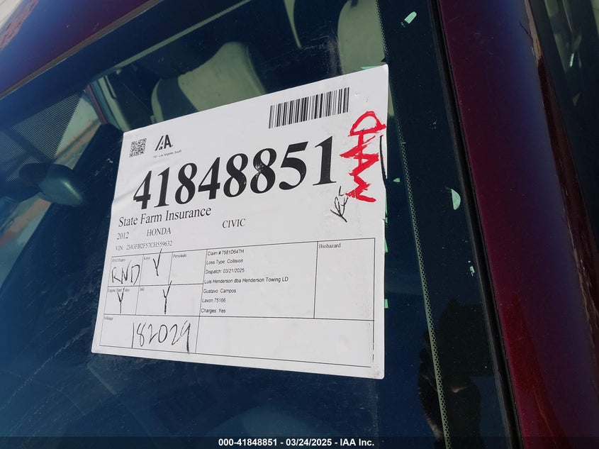 2012 HONDA CIVIC VIN: 2HGFB2F57CH559632