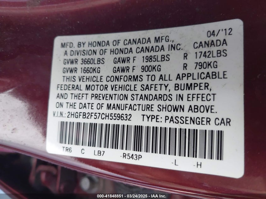 2012 HONDA CIVIC VIN: 2HGFB2F57CH559632