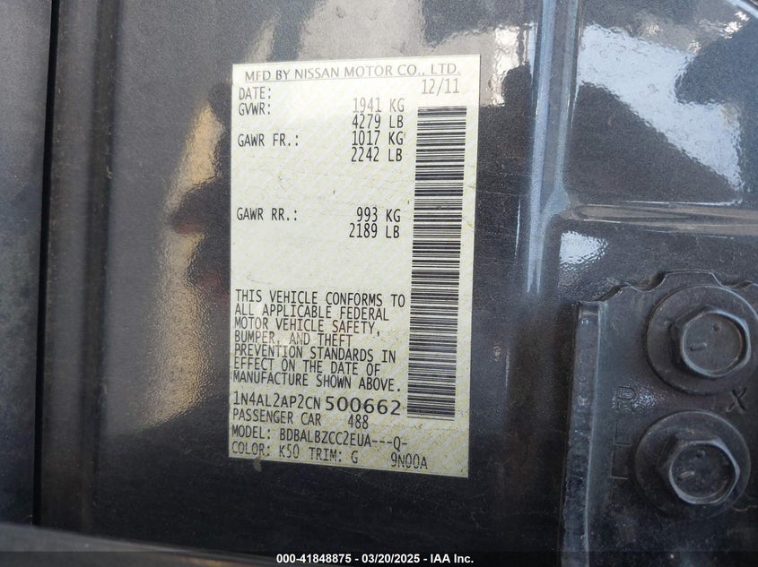 2012 NISSAN ALTIMA VIN: 1N4AL2AP2CN500662