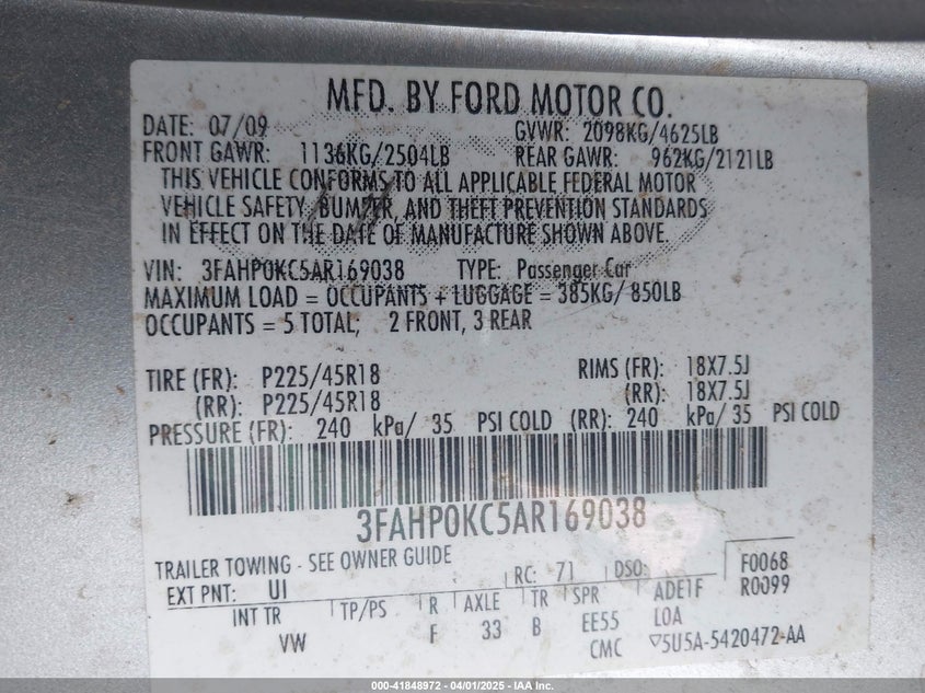 2010 FORD FUSION VIN: 3FAHP0KC5AR169038