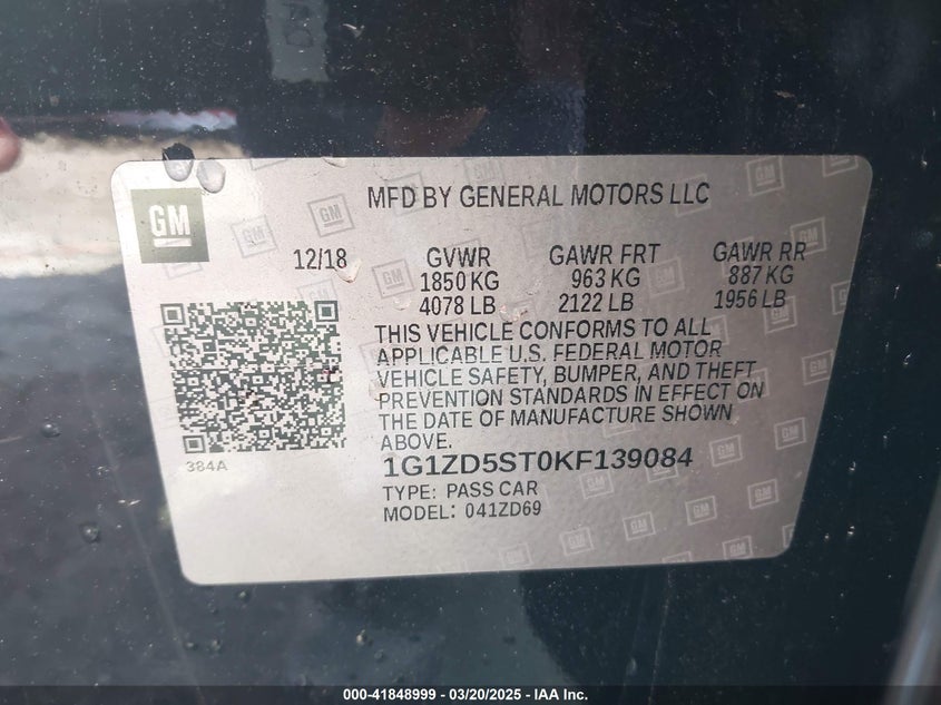 2019 CHEVROLET MALIBU VIN: 1G1ZD5ST0KF139084
