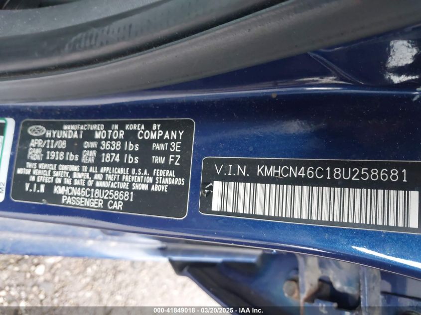 2008 Hyundai Accent Gls VIN: KMHCN46C18U258681 Lot: 41849018