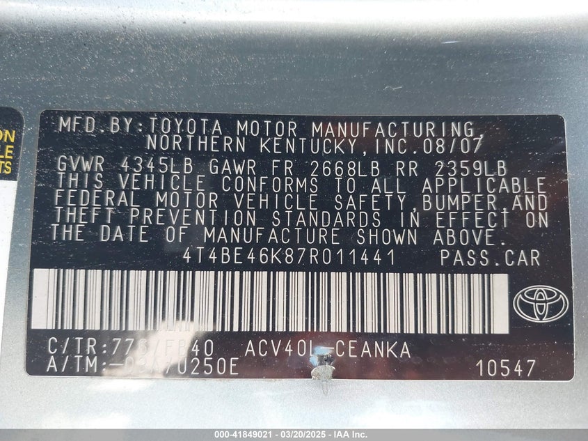 2007 TOYOTA CAMRY VIN: 4T4BE46K87R011441