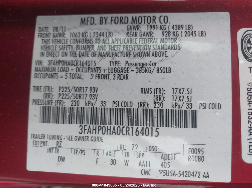 2012 FORD FUSION VIN: 3FAHP0HA0CR164015