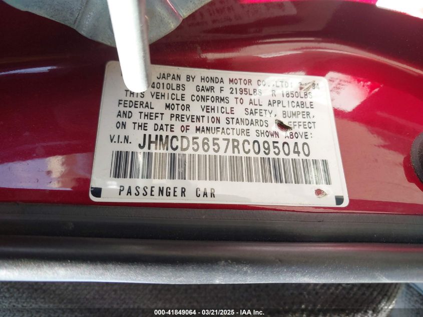 1994 Honda Accord Ex VIN: JHMCD5657RC095040 Lot: 41849064