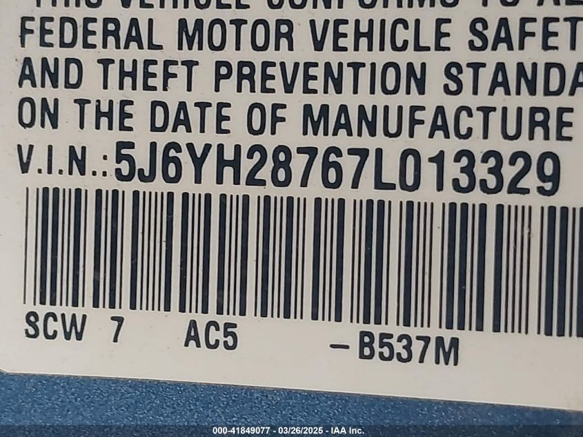 2007 Honda Element Ex VIN: 5J6YH28767L013329 Lot: 41849077