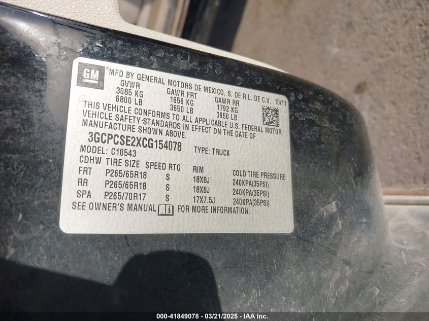 2012 CHEVROLET SILVERADO VIN: 3GCPCSE2XCG154078
