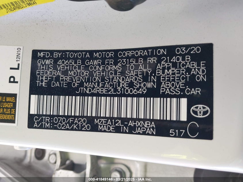 2020 TOYOTA COROLLA VIN: JTND4RBE2L3100649