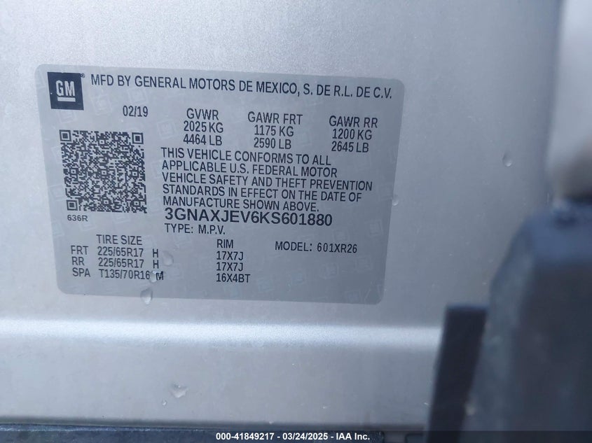 2019 CHEVROLET EQUINOX VIN: 3GNAXJEV6KS601880