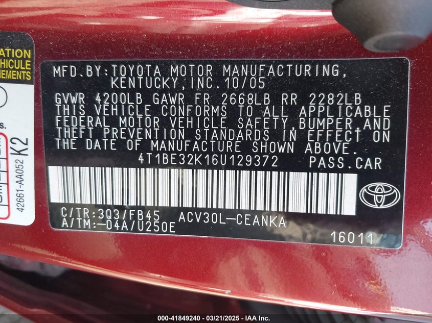 2006 TOYOTA CAMRY VIN: 4T1BE32K16U129372