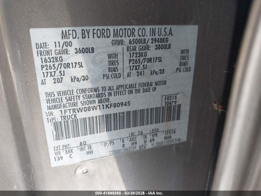 2001 Ford F-150 King Ranch Edition/Lariat/Xlt VIN: 1FTRW08W11KF80945 Lot: 41849265