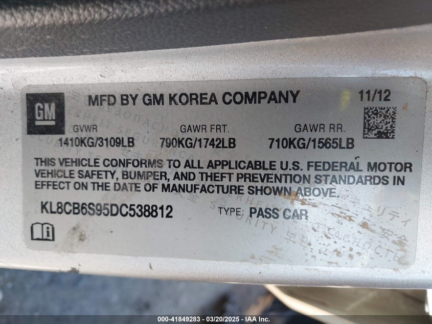 2013 CHEVROLET SPARK VIN: KL8CB6S95DC538812