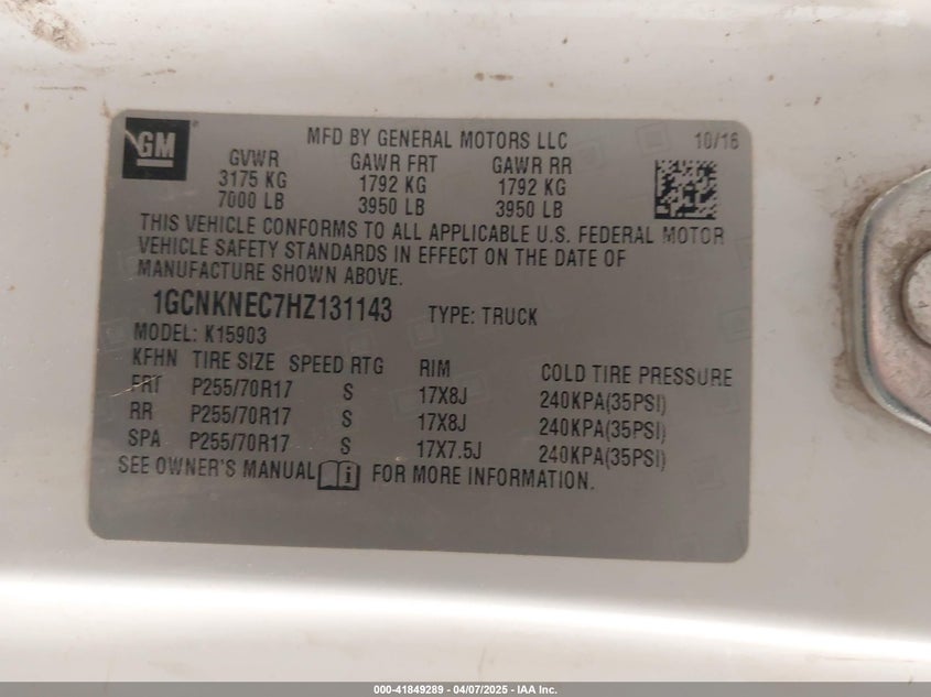 2017 CHEVROLET SILVERADO 1500 VIN: 1GCNKNEC7HZ131143