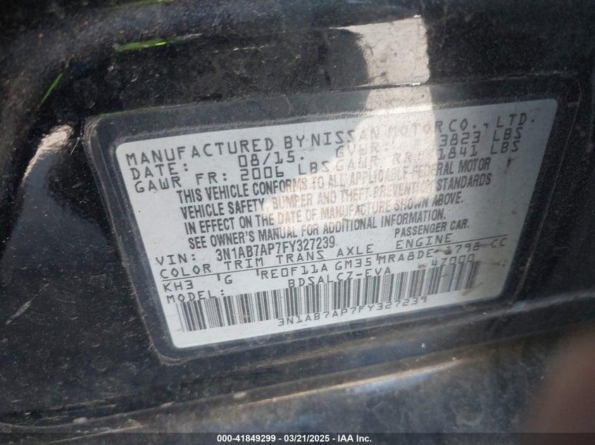 2015 NISSAN SENTRA VIN: 3N1AB7AP7FY327239