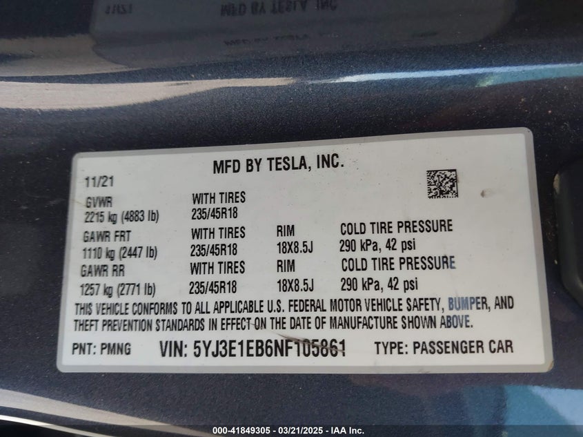 2022 TESLA MODEL 3 VIN: 5YJ3E1EB6NF105861