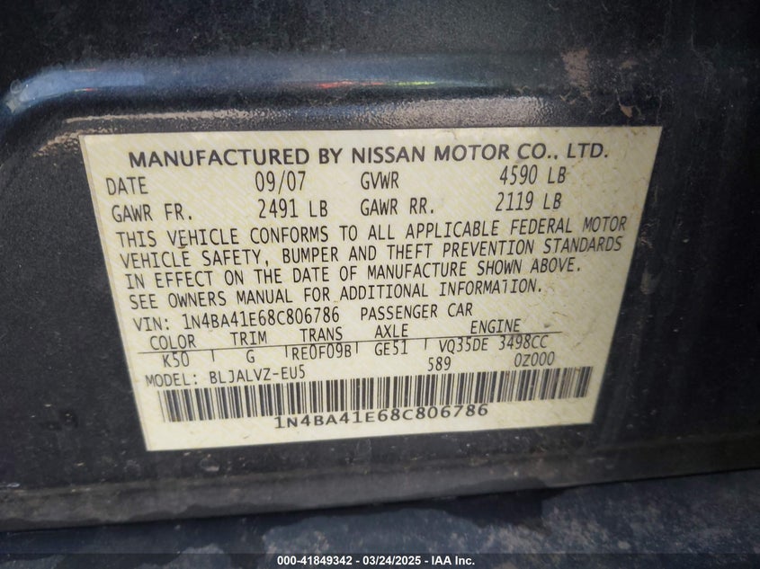 2008 Nissan Maxima 3.5 Se VIN: 1N4BA41E68C806786 Lot: 41849342