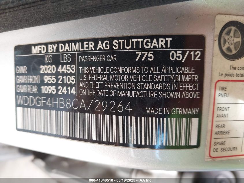 2012 Mercedes-Benz C 250 Luxury/Sport VIN: WDDGF4HB8CA729264 Lot: 41849510