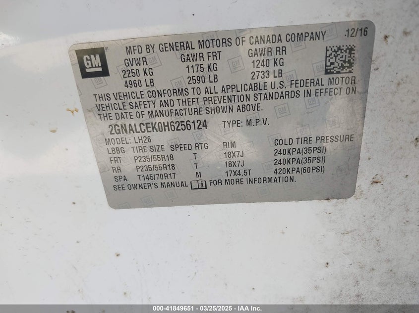 VIN 2GNALCEK0H6256124 2017 CHEVROLET EQUINOX LT