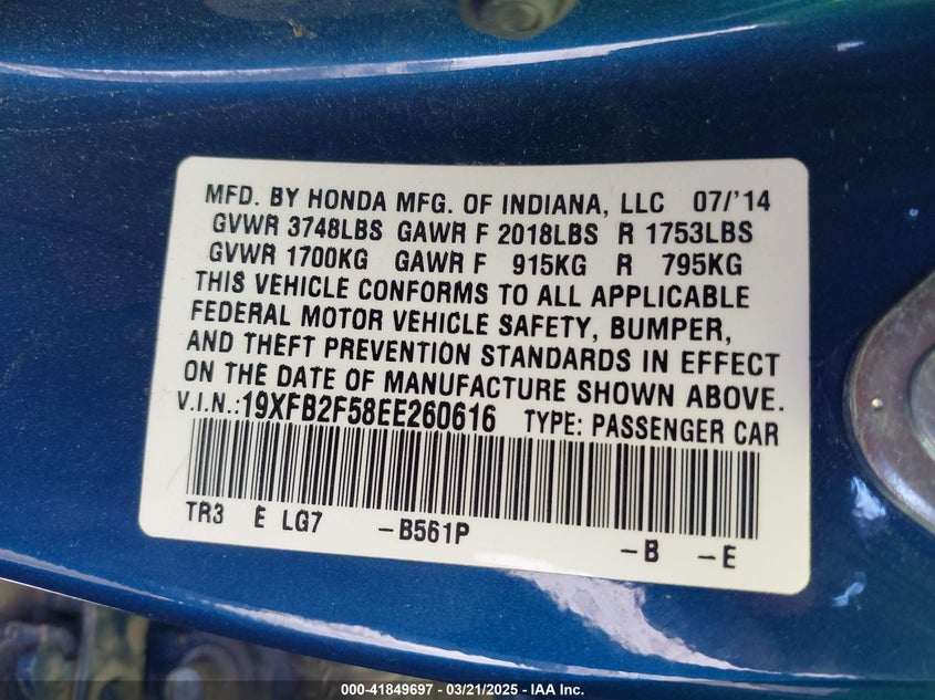 2014 HONDA CIVIC VIN: 19XFB2F58EE260616