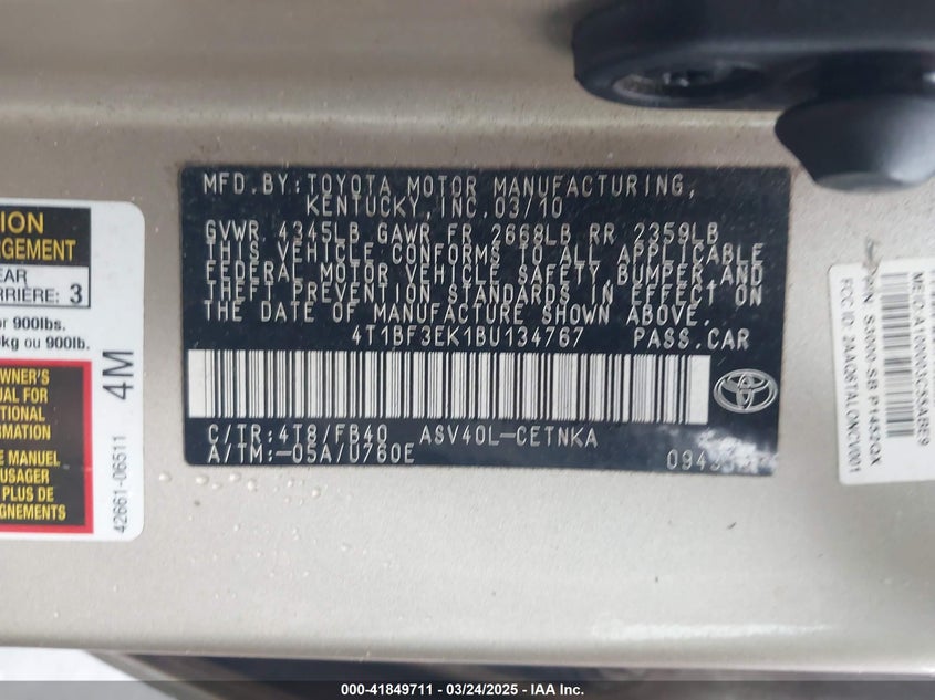2011 TOYOTA CAMRY VIN: 4T1BF3EK1BU134767