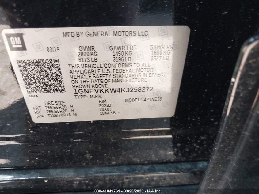 2019 CHEVROLET TRAVERSE VIN: 1GNEVKKW4KJ258272