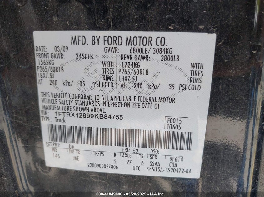 2009 FORD F-150 VIN: 1FTRX12899KB84755