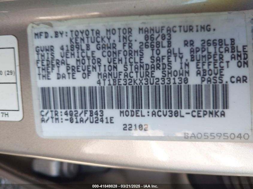 2003 Toyota Camry Le VIN: 4T1BE32KX3U233130 Lot: 41849828