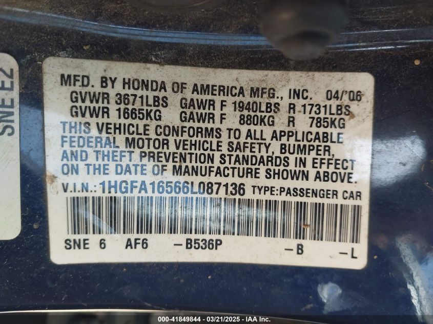 2006 Honda Civic Lx VIN: 01HGFA16566L08713 Lot: 41849844