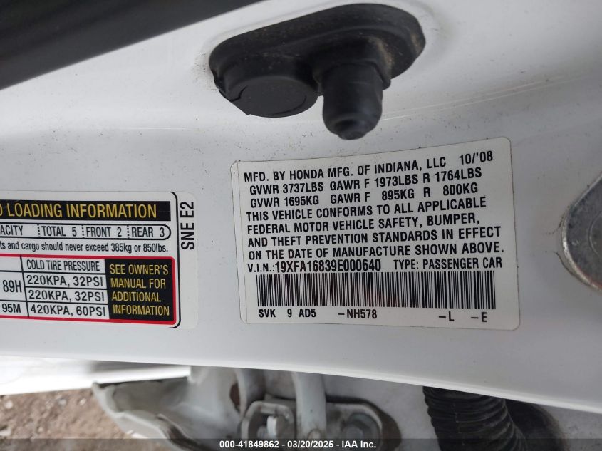 2009 Honda Civic Ex VIN: 19XFA16839E000640 Lot: 41849862