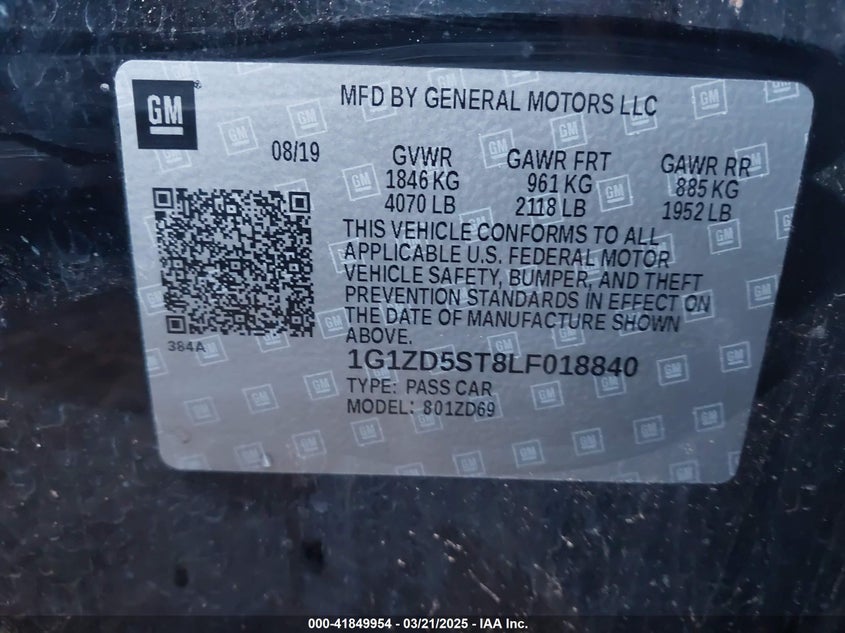 2020 CHEVROLET MALIBU VIN: 1G1ZD5ST8LF018840