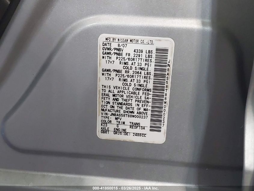 2008 Nissan Rogue Sl VIN: JN8AS58T88W000237 Lot: 41850015