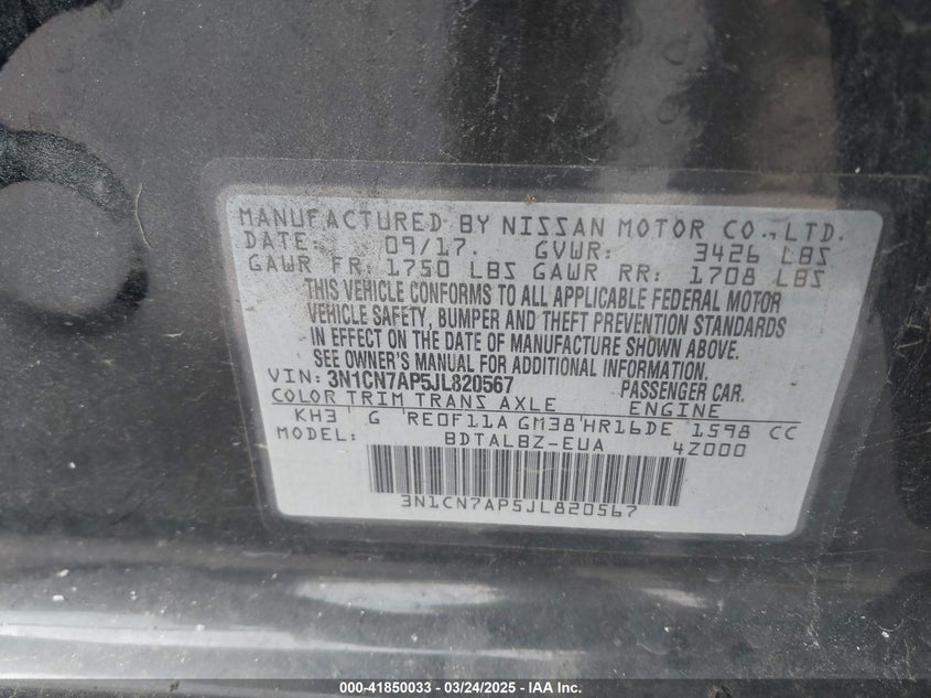 2018 NISSAN VERSA VIN: 3N1CN7AP5JL820567